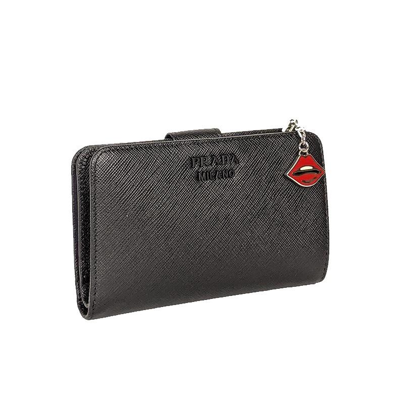 Prada Saffiano Smalto Leather Mare Nero Black Compact Wallet 1ML225