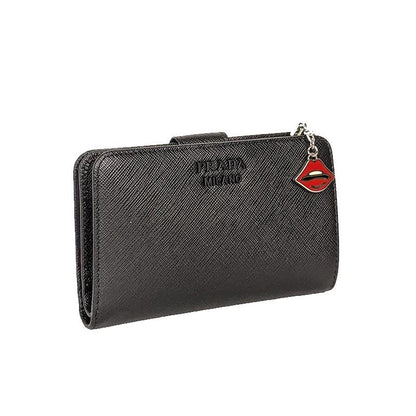 Prada Saffiano Smalto Leather Mare Nero Black Compact Wallet 1ML225