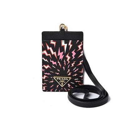 Prada Saffiano Thunder Lacca Black Card Case Badge Holder 1MC007
