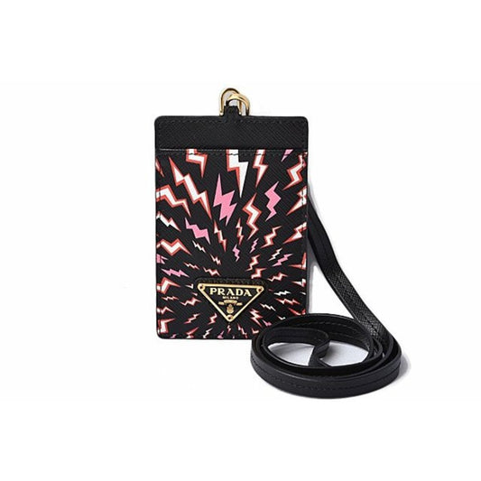 Prada Saffiano Thunder Lacca Black Card Case Badge Holder 1MC007