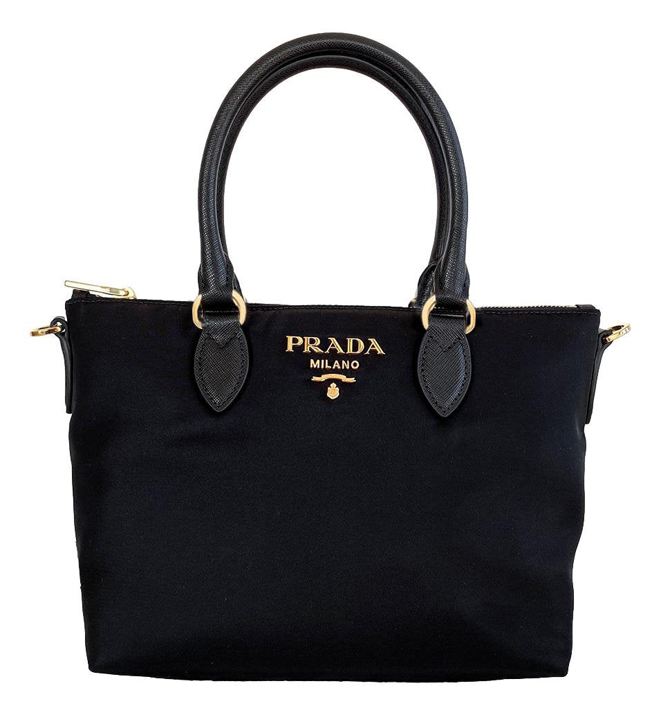 Prada Tessuto Nylon Black Saffiano Leather Trim Small Satchel 1BA275