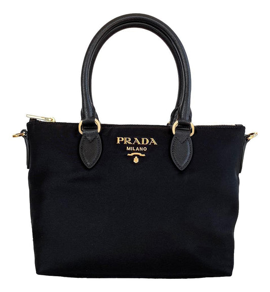Prada Tessuto Nylon Black Saffiano Leather Trim Small Satchel 1BA275