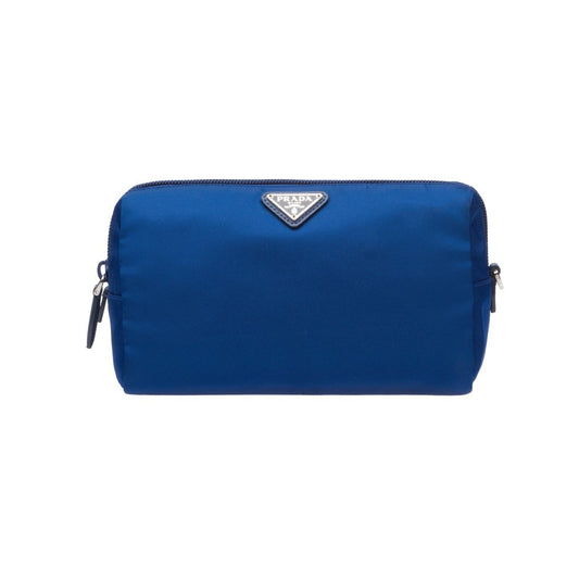 Prada Tessuto Nylon Bluette Blue Triangle Logo Toiletry Case 1NA693