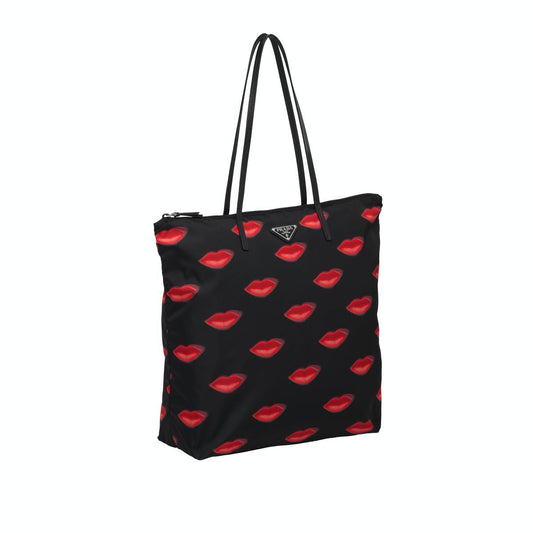 Prada Tessuto Nylon Red Lips Black Shopping Tote 1BY300