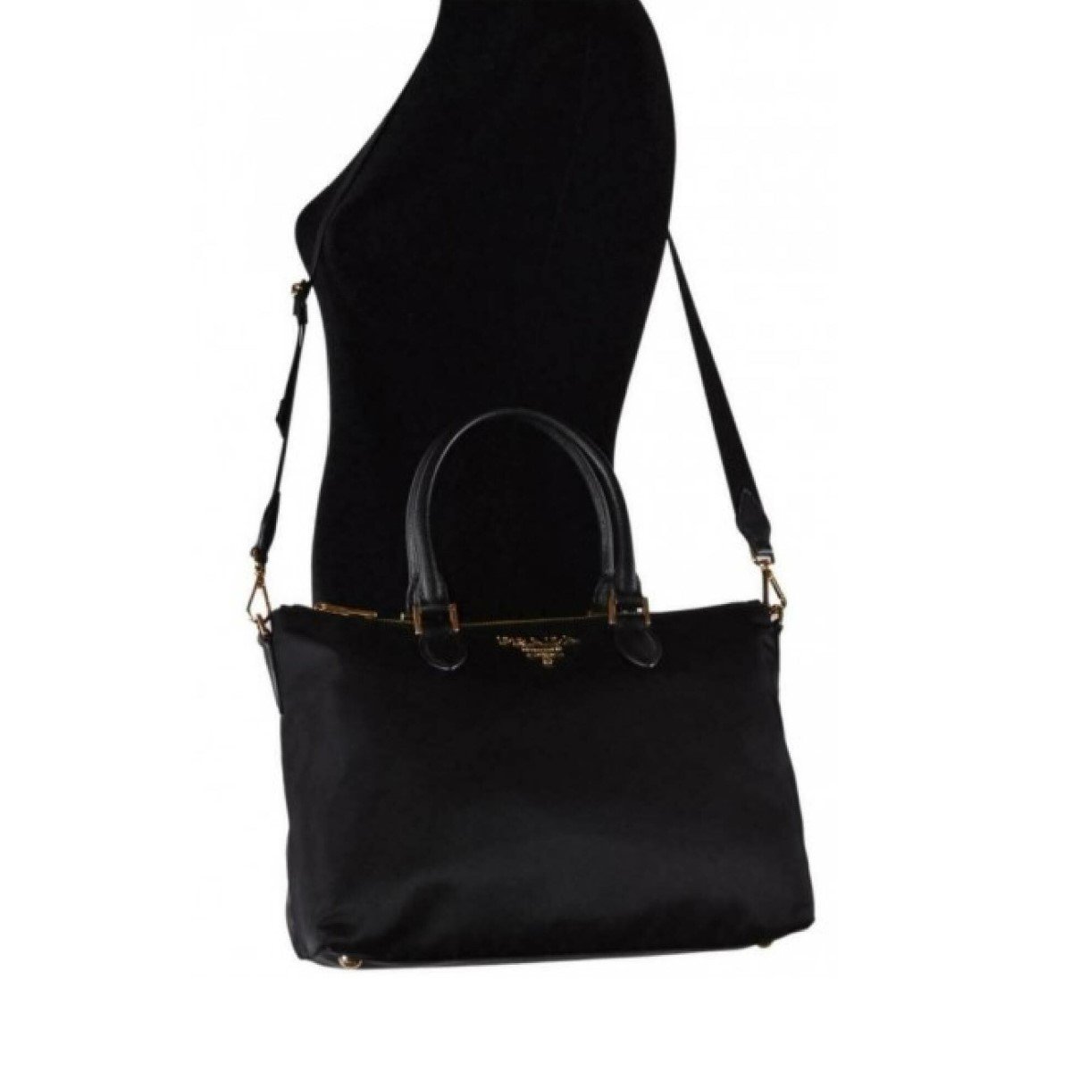 Prada Tessuto Nylon Saffiano Leather Trim Black Medium Satchel 1BA