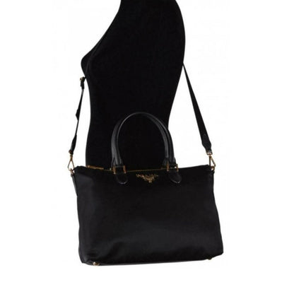 Prada Tessuto Nylon Saffiano Leather Trim Black Medium Satchel 1BA