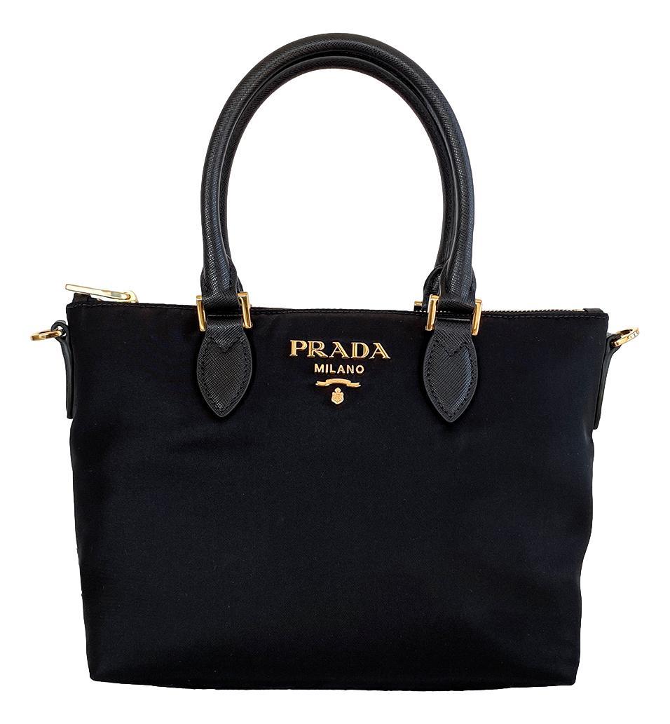 Prada Tessuto Nylon Saffiano Leather Trim Black Small Satchel
