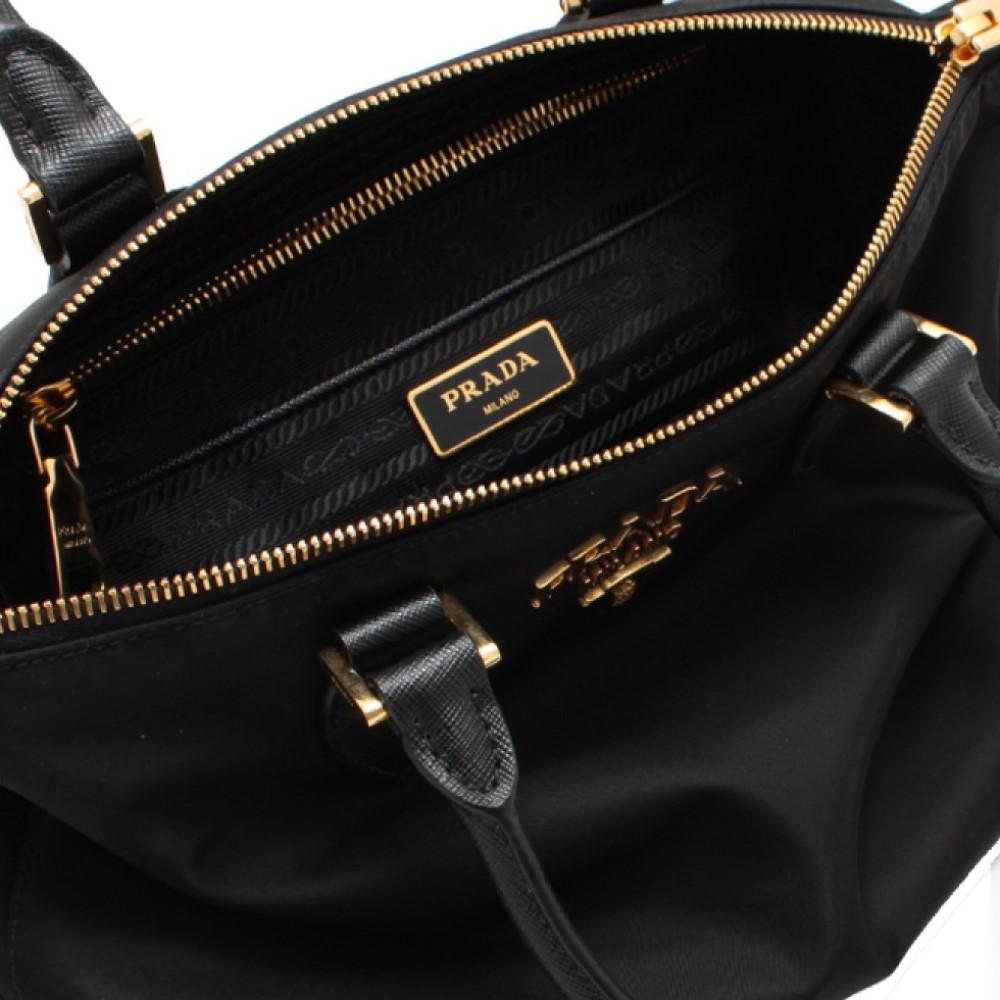 Prada Tessuto Nylon Saffiano Leather Trim Black Small Satchel