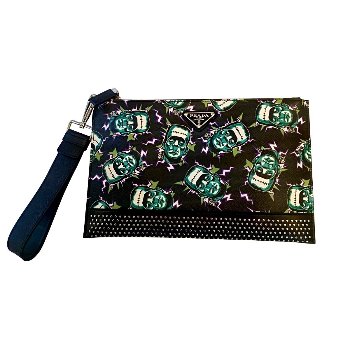 Prada Thunder Frankenstein Black Leather Studded Wristlet Bag