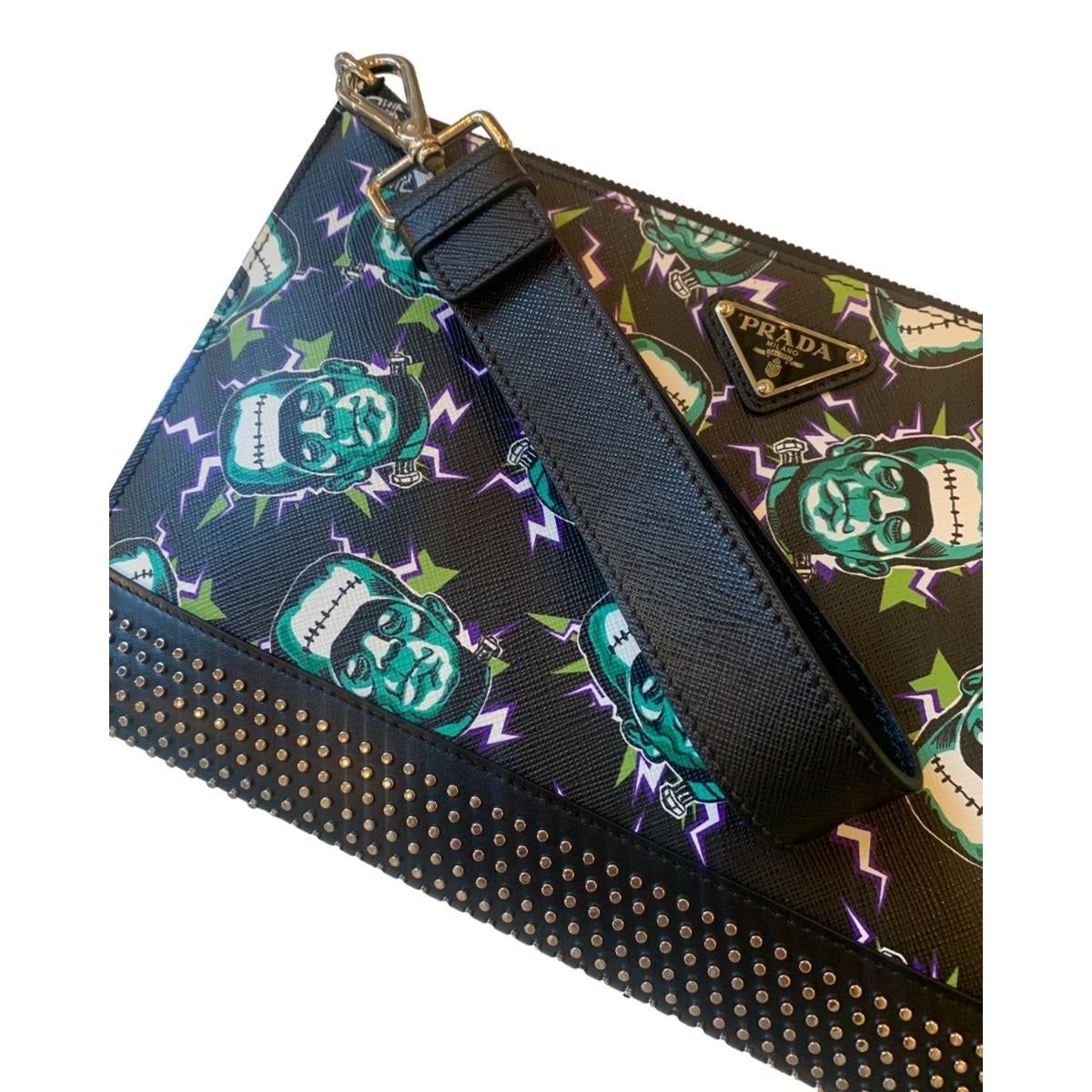 Prada Thunder Frankenstein Black Leather Studded Wristlet Bag