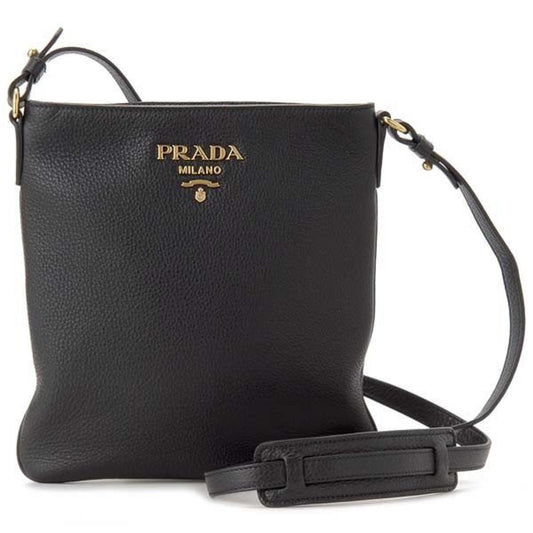 Prada Vitello Daino Leather Black Flat Crossbody Bag 1BH142