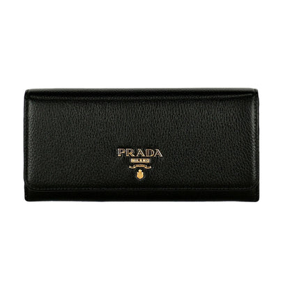 Prada Vitello Grain Black Leather ID Holder Continental Long Wallet