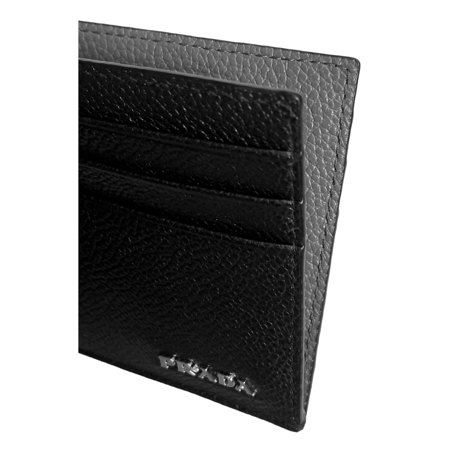 Prada Vitello Micro Grain Leather Black and Gray Card Holder Wallet