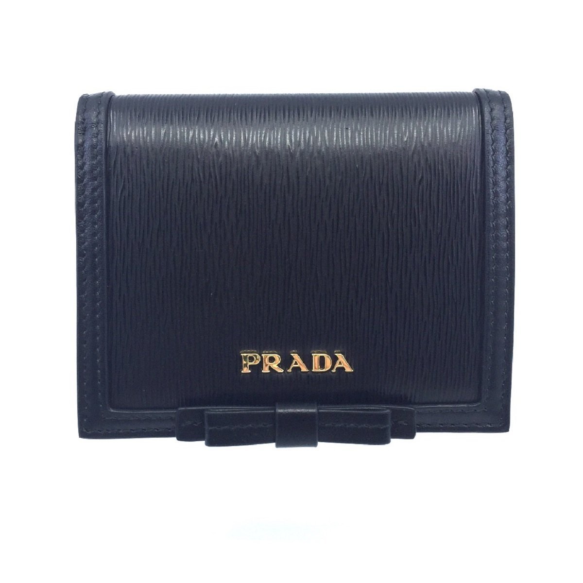 Prada Vitello Move Black Bifold Leather Flap Bow Snap Wallet 1MV204