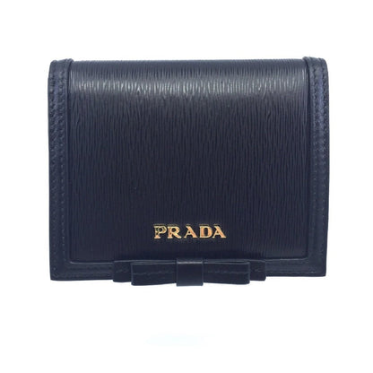 Prada Vitello Move Black Bifold Leather Flap Bow Snap Wallet 1MV204