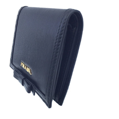 Prada Vitello Move Black Bifold Leather Flap Bow Snap Wallet 1MV204