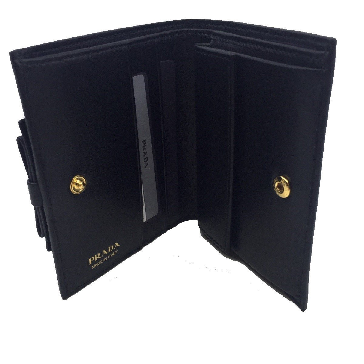 Prada Vitello Move Black Bifold Leather Flap Bow Snap Wallet 1MV204