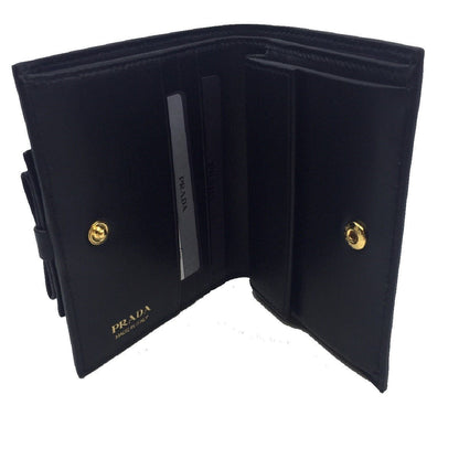 Prada Vitello Move Black Bifold Leather Flap Bow Snap Wallet 1MV204