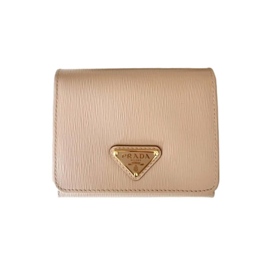 Prada Vitello Move Cipria Beige Leather Triangle Logo Small Trifold Wallet