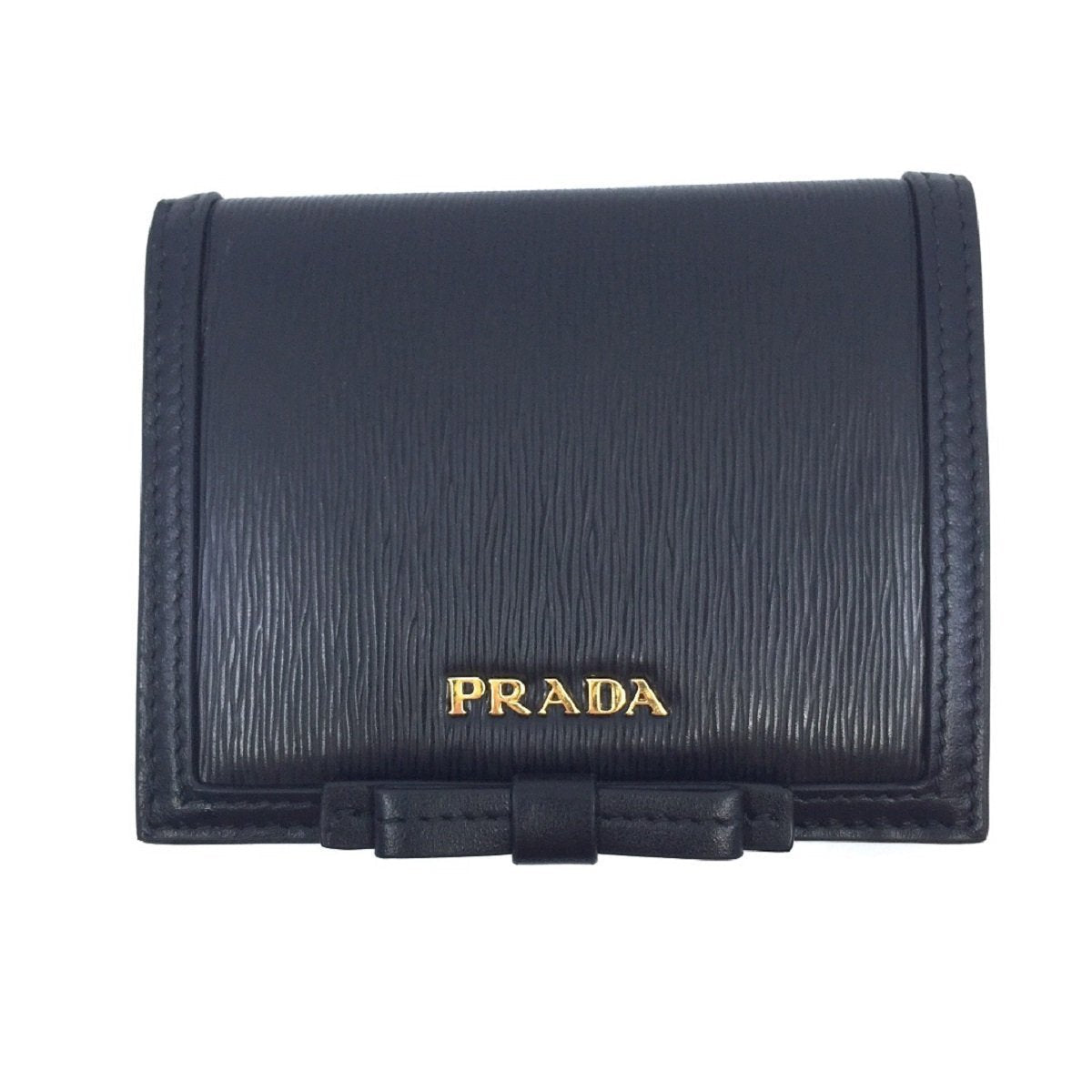 Prada Vitello Move Black Bifold Leather Flap Bow Snap Wallet 1MV204
