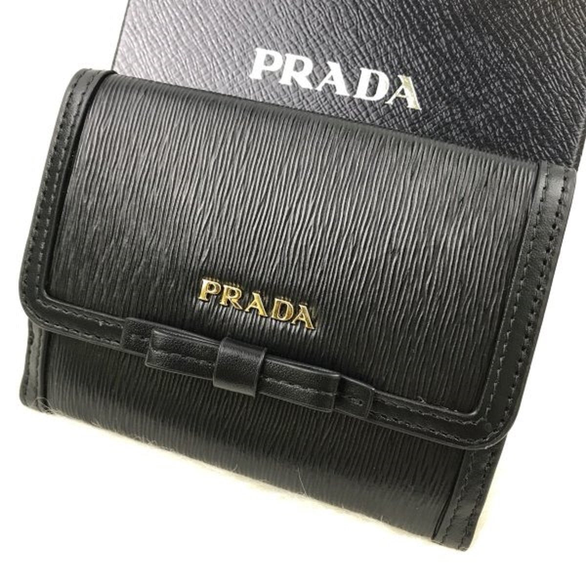 Prada Vitello Move Leather Black Coin Purse Bi-fold Bow Wallet 1MH523