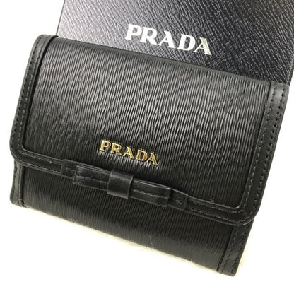 Prada Vitello Move Leather Black Coin Purse Bi-fold Bow Wallet 1MH523