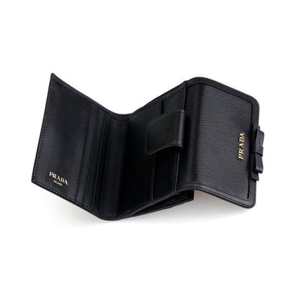 Prada Vitello Move Leather Black Coin Purse Bi-fold Bow Wallet 1MH523