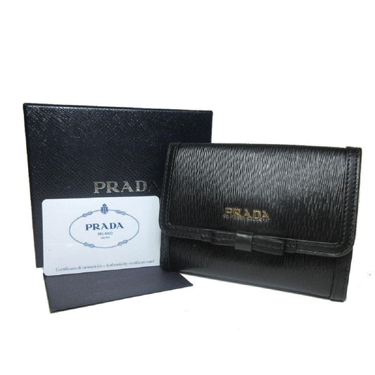 Prada Vitello Move Leather Black Coin Purse Bi-fold Bow Wallet 1MH523