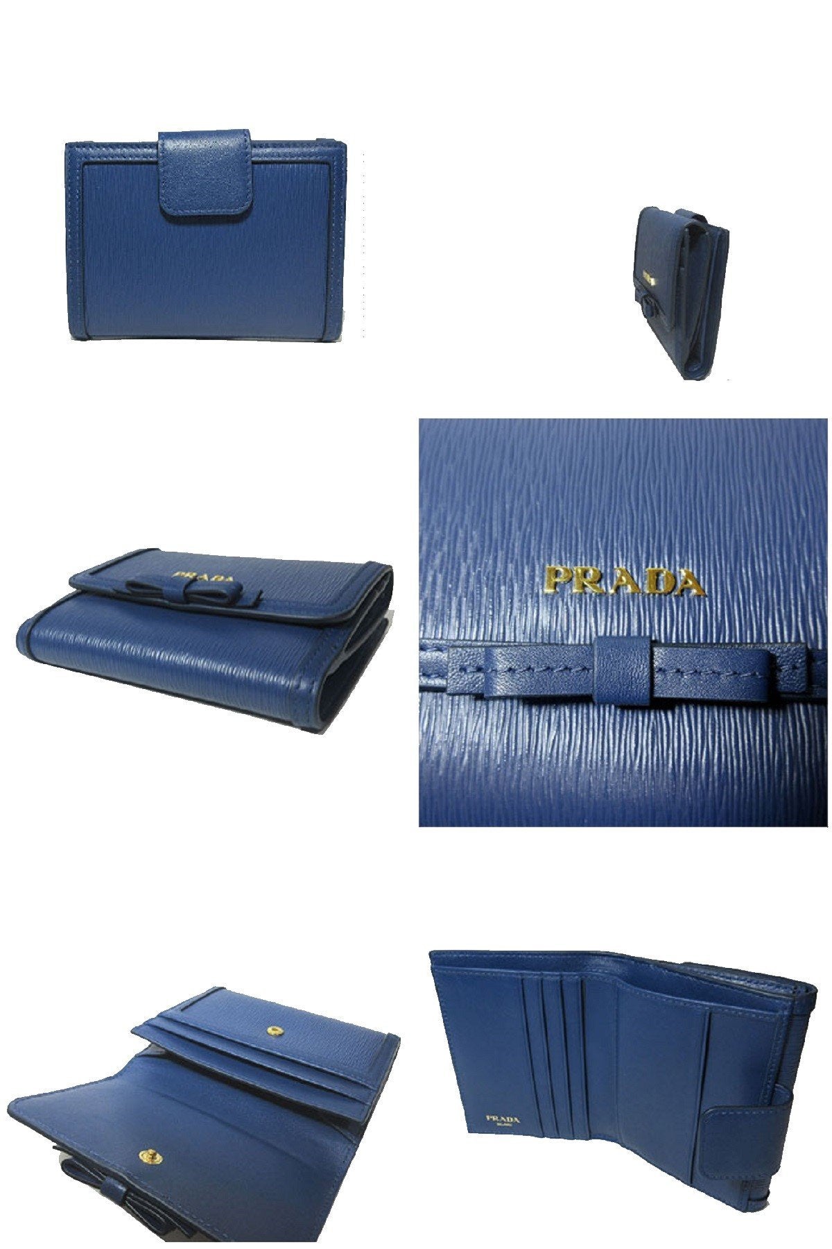 Prada Vitello Move Leather Bluette Blue Coin Purse Bi-fold Bow Wallet 1MH523