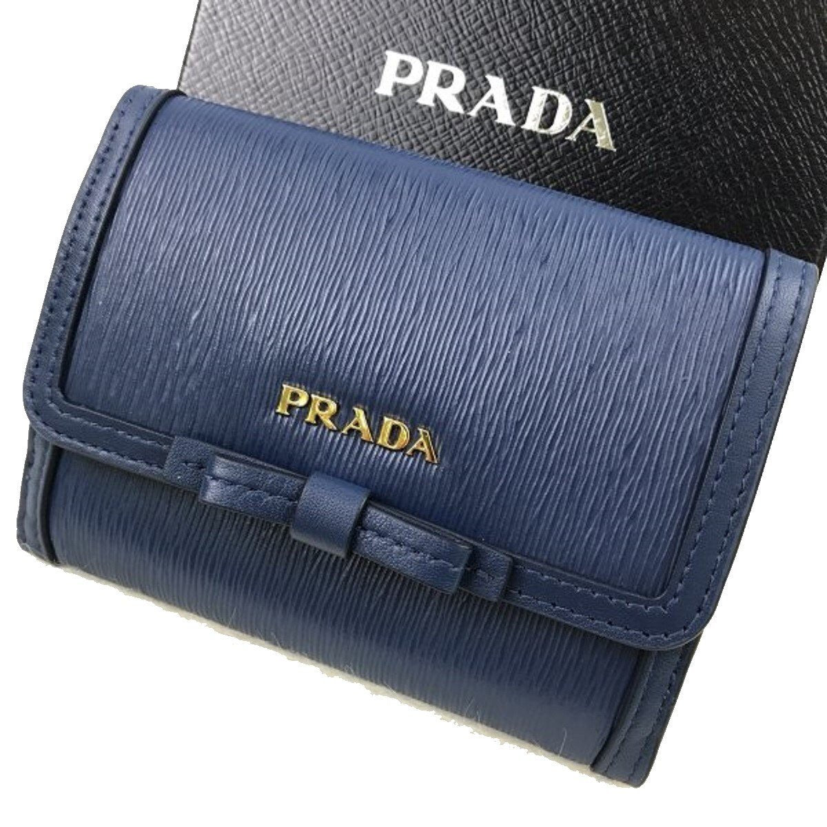 Prada Vitello Move Leather Bluette Blue Coin Purse Bi-fold Bow Wallet 1MH523