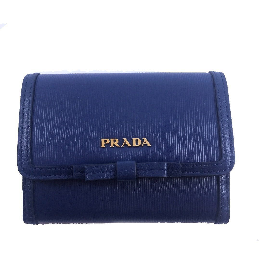 Prada Vitello Move Leather Bluette Blue Coin Purse Bi-fold Bow Wallet 1MH523