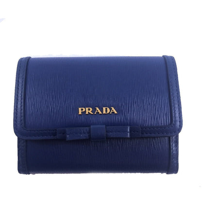 Prada Vitello Move Leather Bluette Blue Coin Purse Bi-fold Bow Wallet 1MH523