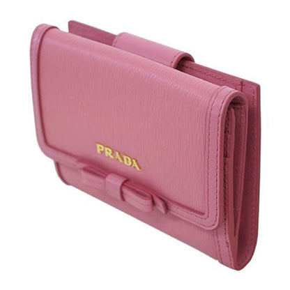 Prada Vitello Move Leather Geranio Pink Coin Purse Bi-fold Bow Wallet 1MH523