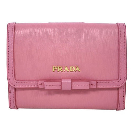 Prada Vitello Move Leather Geranio Pink Coin Purse Bi-fold Bow Wallet 1MH523