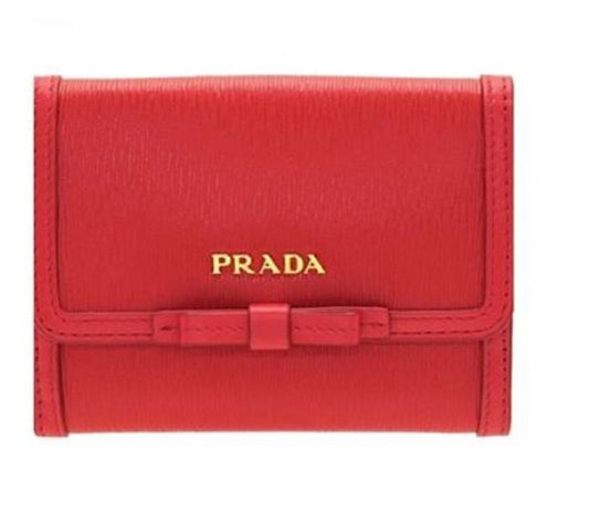 Prada Vitello Move Leather Geranio Red Coin Purse Bi-fold Bow Wallet