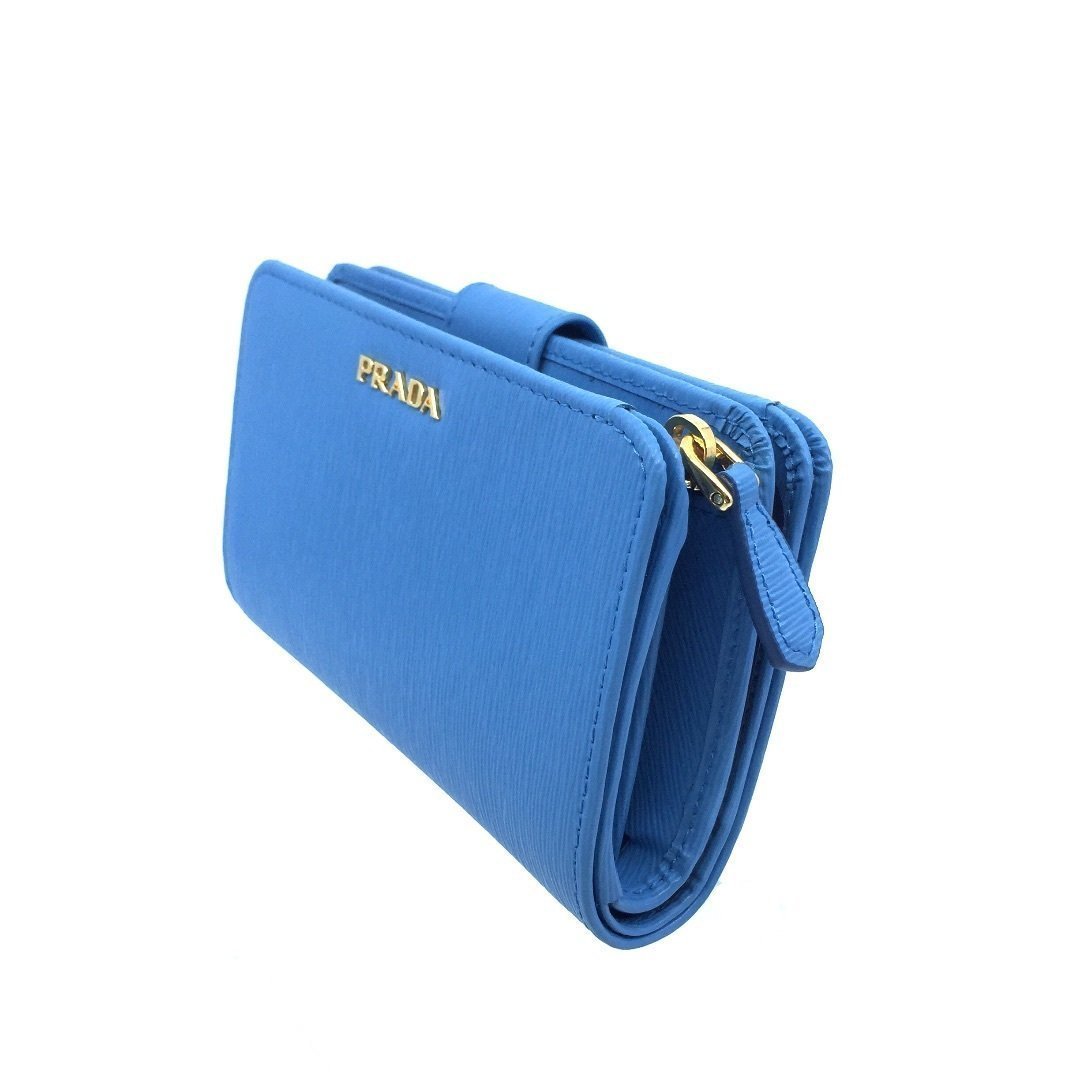 Prada Vitello Move Leather Mare Bluette Baby Blue Navy Compact Wallet 1ML225
