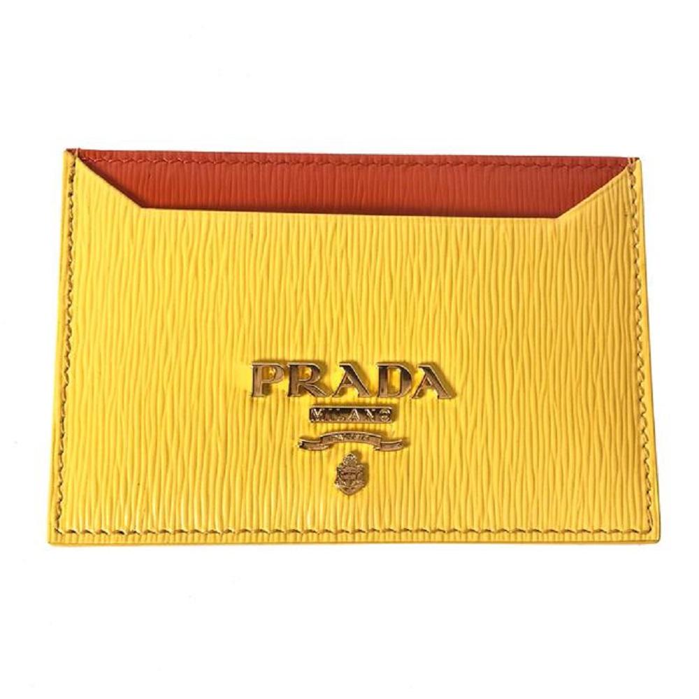 Prada Vitello Move Yellow Orange Leather Card Holder Wallet 1MC208