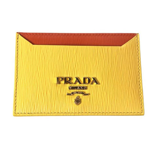 Prada Vitello Move Yellow Orange Leather Card Holder Wallet 1MC208