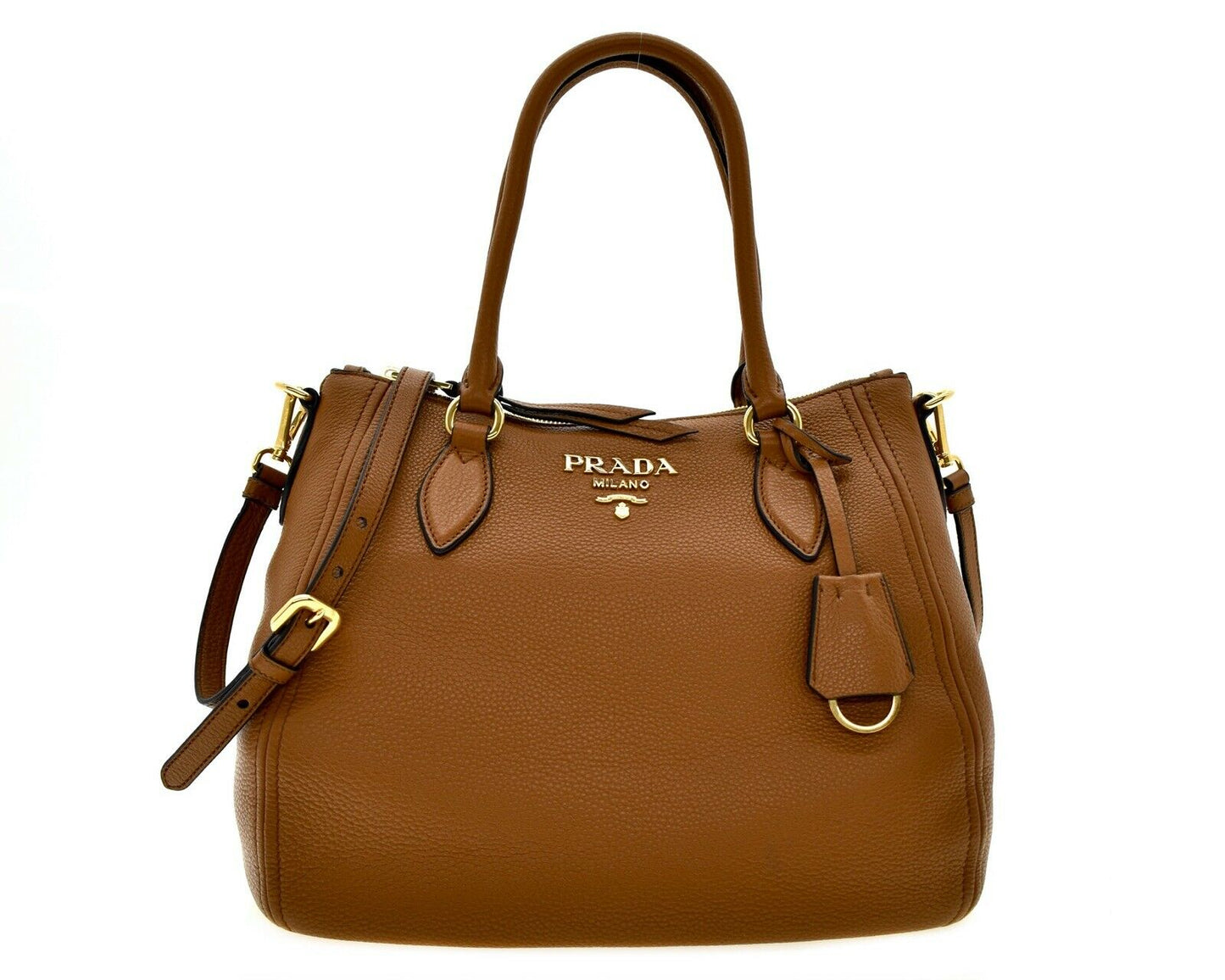 Prada Vitello Phenix Leather Convertible Zip Bag Cannella Brown 1BC032