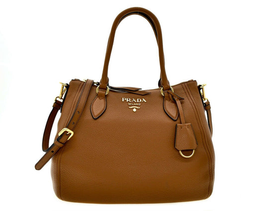 Prada Vitello Phenix Leather Convertible Zip Bag Cannella Brown 1BC032