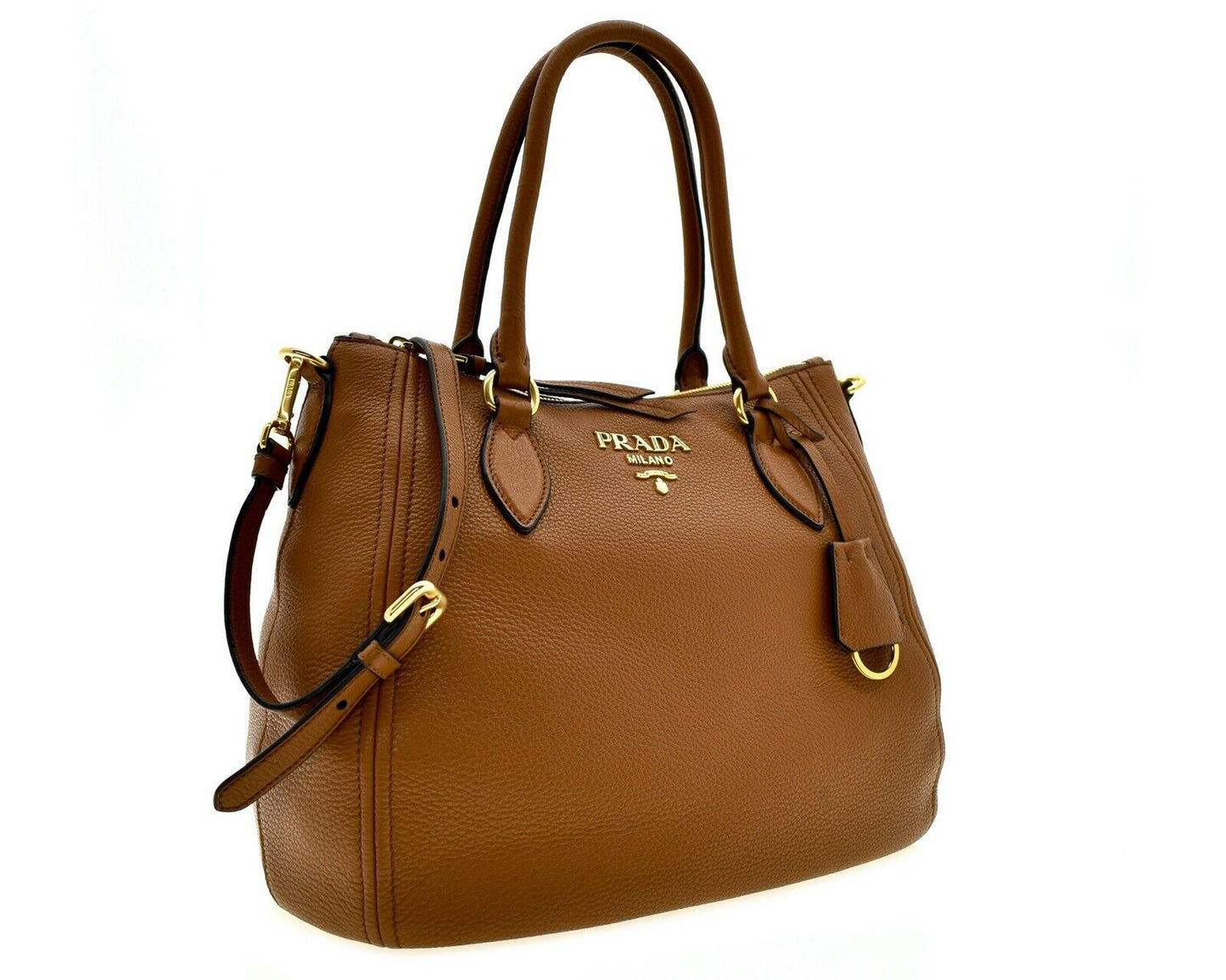 Prada Vitello Phenix Leather Convertible Zip Bag Cannella Brown 1BC032
