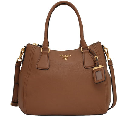 Prada Vitello Phenix Leather Convertible Zip Bag Cannella Brown 1BC032