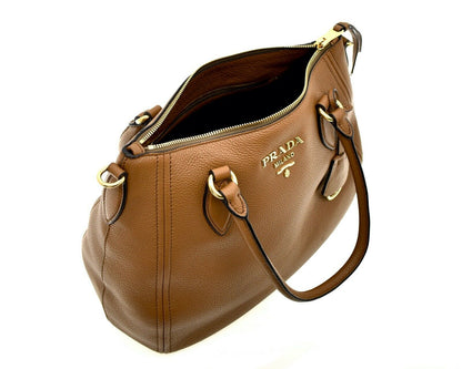 Prada Vitello Phenix Leather Convertible Zip Bag Cannella Brown 1BC032