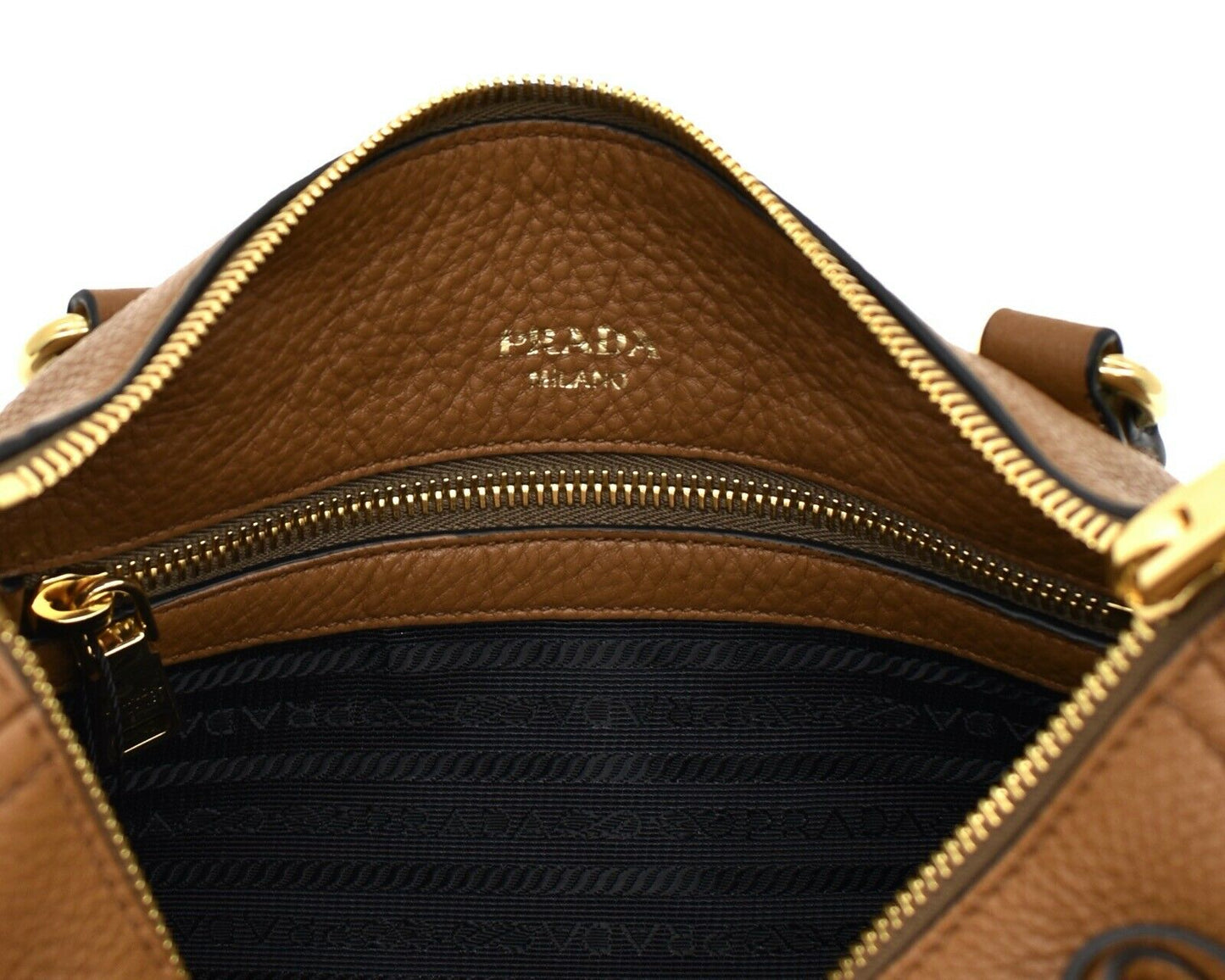 Prada Vitello Phenix Leather Convertible Zip Bag Cannella Brown 1BC032