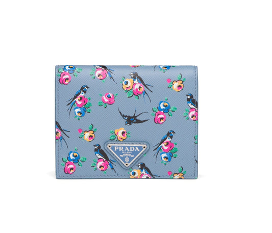 Prada Women's Astrale Blue Saffiano Leather Swallow Print Snap Bifold Wallet 1MV204