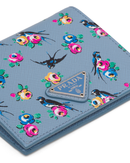 Prada Women's Astrale Blue Saffiano Leather Swallow Print Snap Bifold Wallet 1MV204