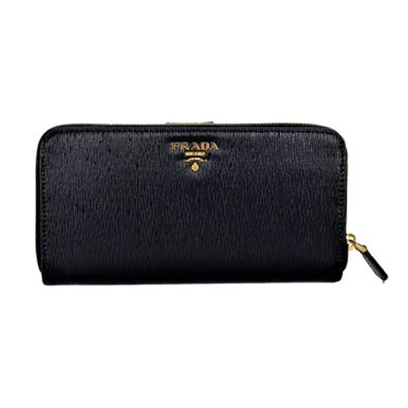 Prada Women's Black Vitello Move Full Zip Wallet 1ML348