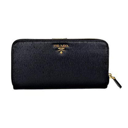 Prada Women's Black Vitello Move Full Zip Wallet 1ML348