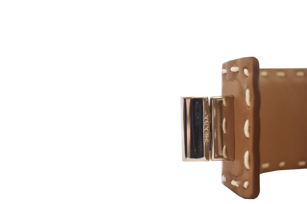 Prada Brown Leather Stitched Cuff Bracelet Silver Hardware