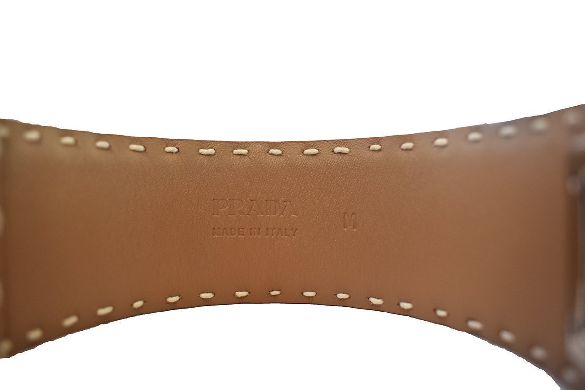 Prada Brown Leather Stitched Cuff Bracelet Silver Hardware
